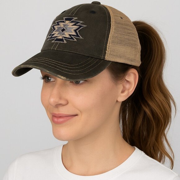 C.C Ponytail Messy Buns Trucker Ponycaps Plain Baseball Hat Distressed Aztec - Picture 1 of 9